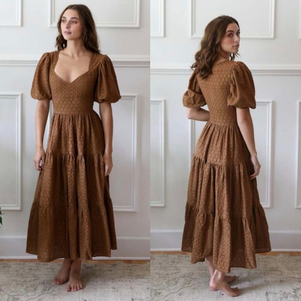 Mille Maja Dress in Caramel Womens Medium Tiered Eyelet Lace Cottagecore Prairie